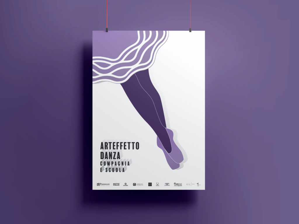 seconda versione del poster di arteffetto danza con colore predominante viola, raffigura le gambe di una ballerina e il tutù che indossa è il marchio della compagnia